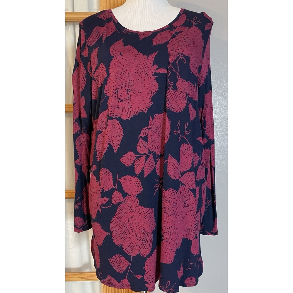 Joe Fresh Floral Pullover Tunic Top 1X Navy Burgundy Long Sleeve Boho Casual